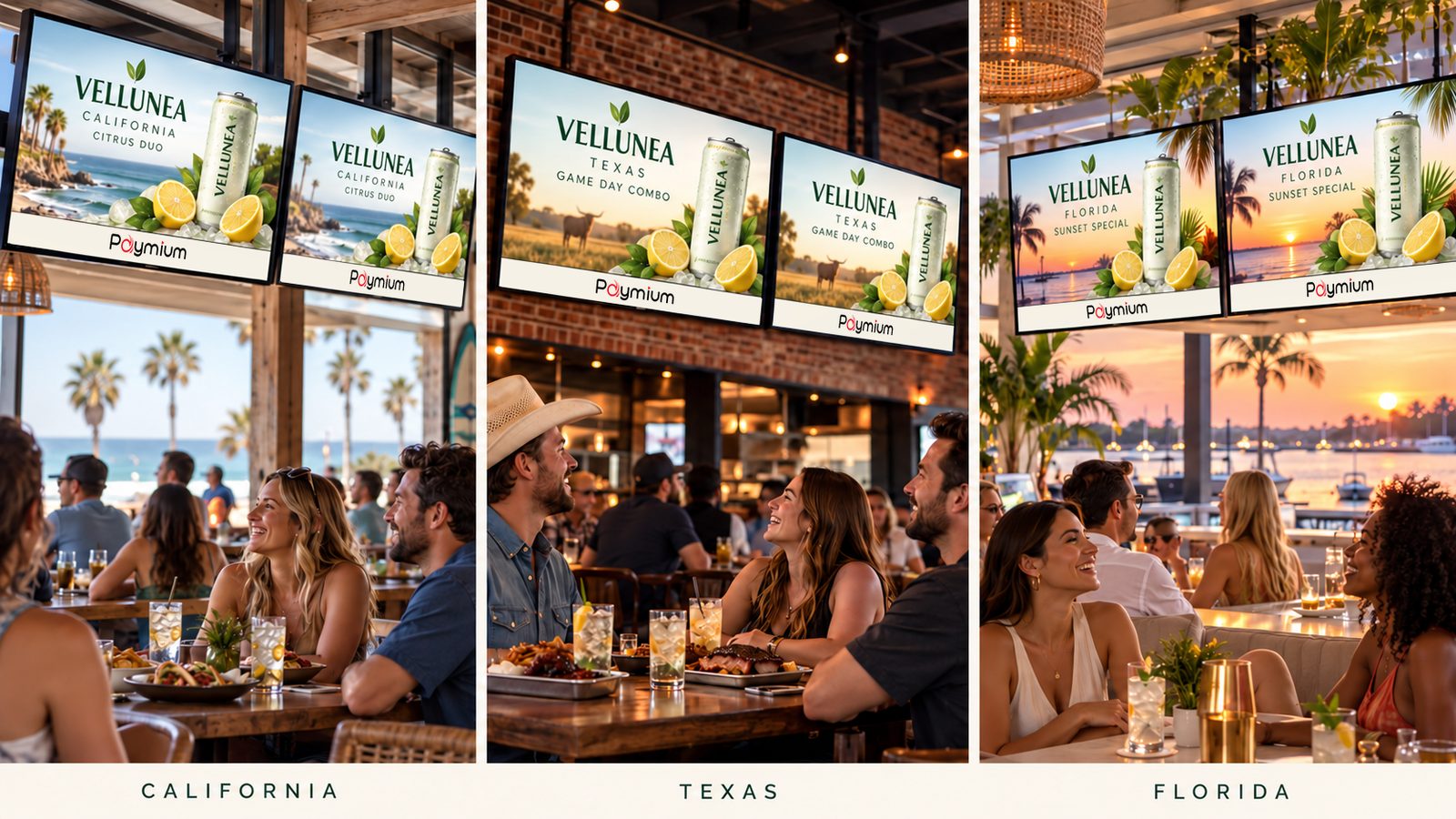Three venues in California, Texas and Florida, each showing the same drink campaign with a local variation.