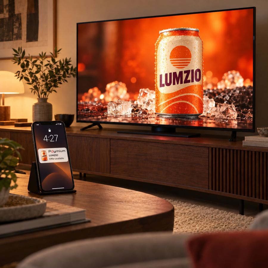 A television showing an invented soft-drink commercial, with a phone on a stand displaying a Paymium promotion notification.