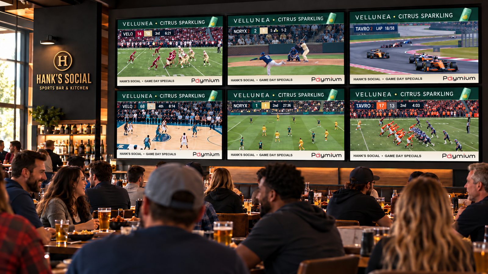 The same six screens still showing their games, each framed by a brand banner along the top and a venue banner along the bottom.