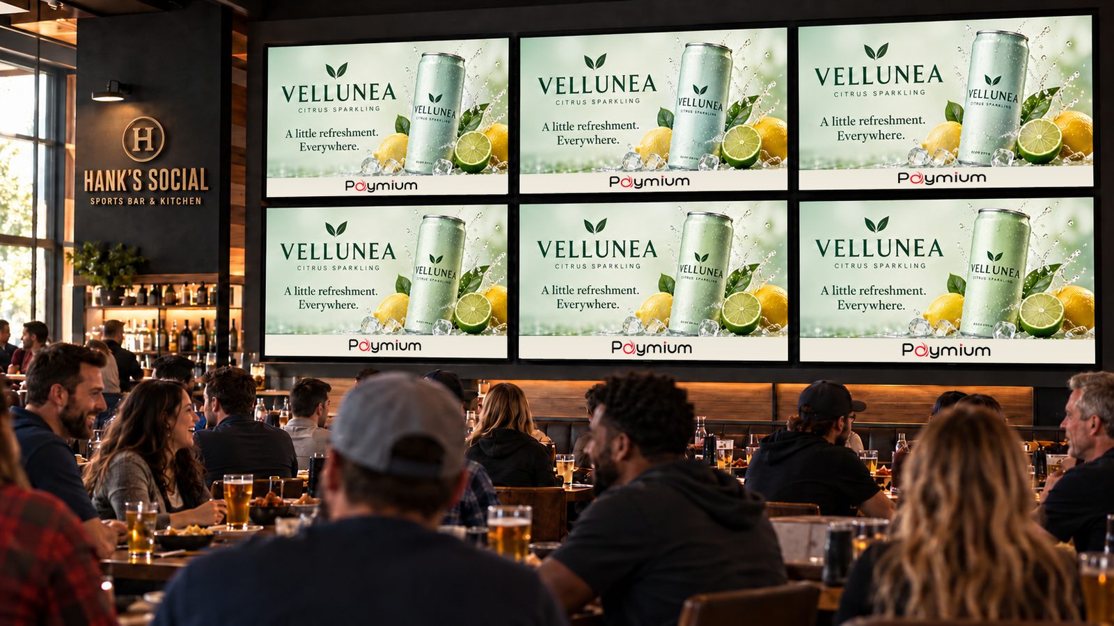 The same sports bar with all six screens showing one coordinated promotion for an invented sparkling drink.