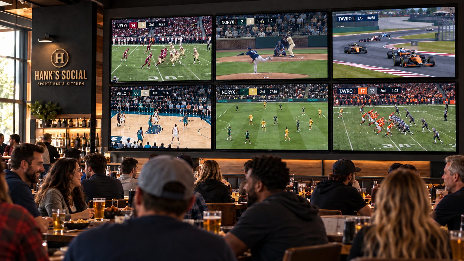A sports bar with six screens, each showing a different broadcast: football, baseball, motor racing, basketball, soccer and American football.
